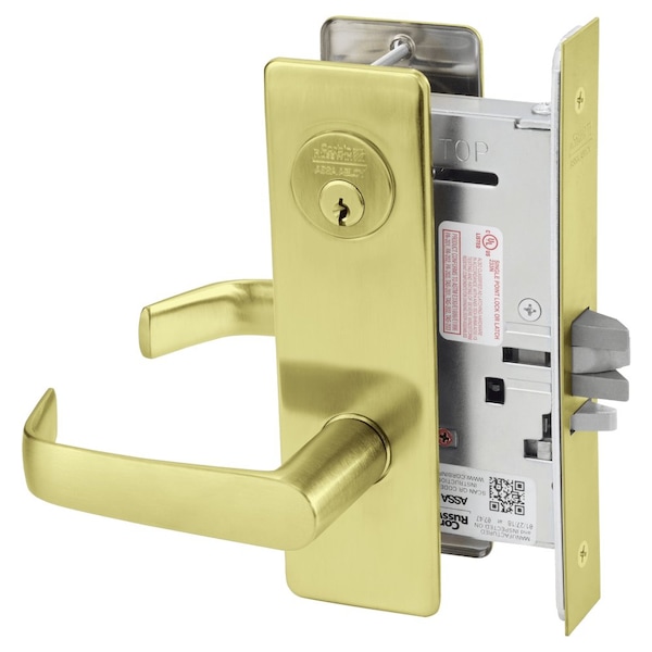 Storeroom or Closet Mortise Lock, NS Lever, M Escutcheon, Satin Brass